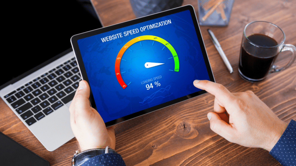 Tablet with website speed meter and text 'website speed optimization'