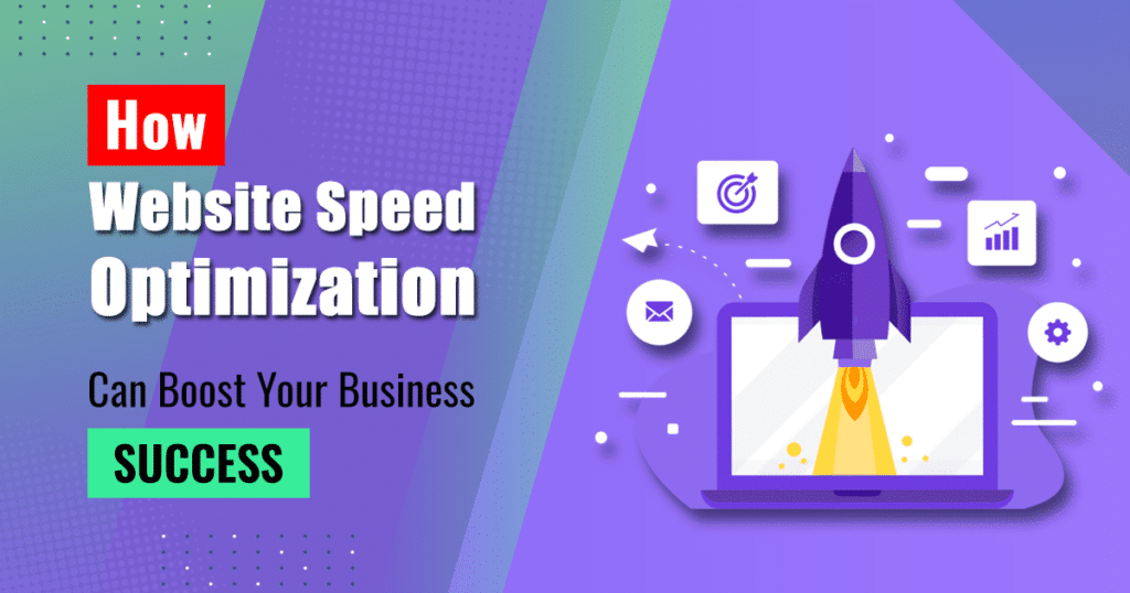 A laptop with a rocket on the screen and icons of different metrics around it, representing website speed optimization and business success.