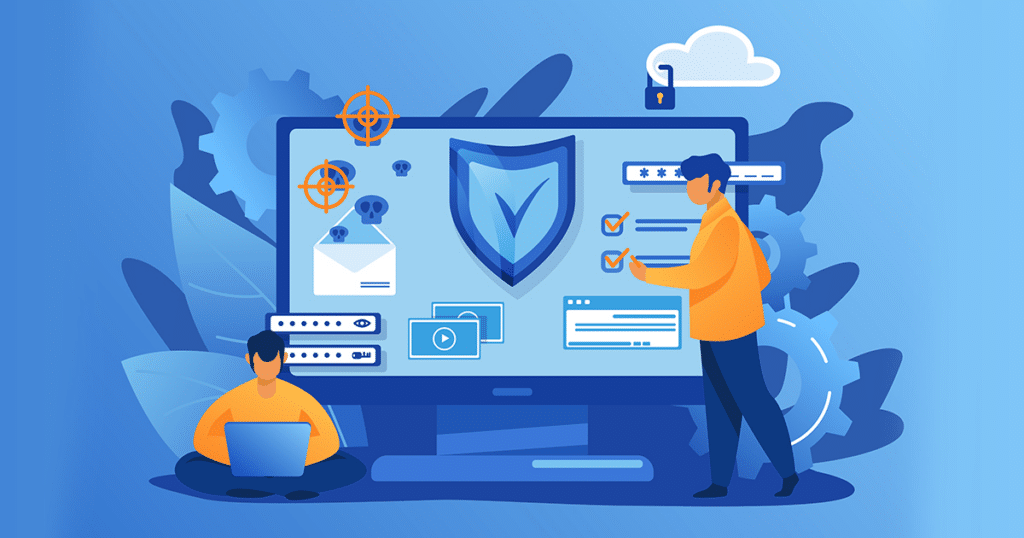 Website security illustration with padlock, computer screen, and security elements