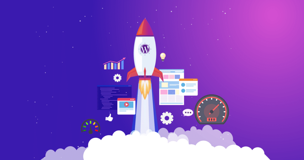 Website speed optimization illustration with rocket, speedometers, and webpages