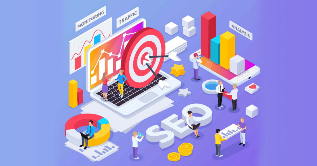 Website SEO goal illustration with monitoring, traffic, and ranking icons