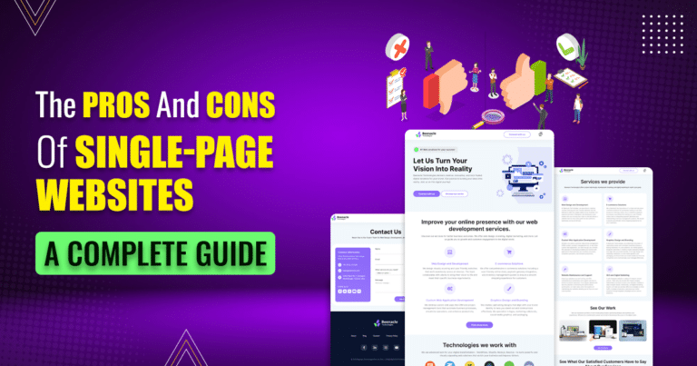 An infographic that shows the pros and cons of single-page websites, such as faster loading, better user experience, easier maintenance, lower cost, limited functionality, poor SEO, and navigation issues.
