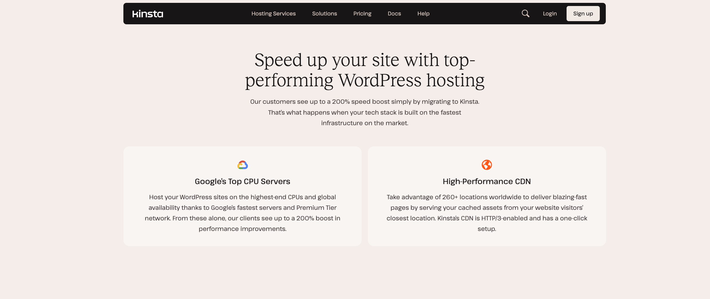 Screenshot of Kinsta's homepage highlighting their WordPress hosting features and speed boost offer
