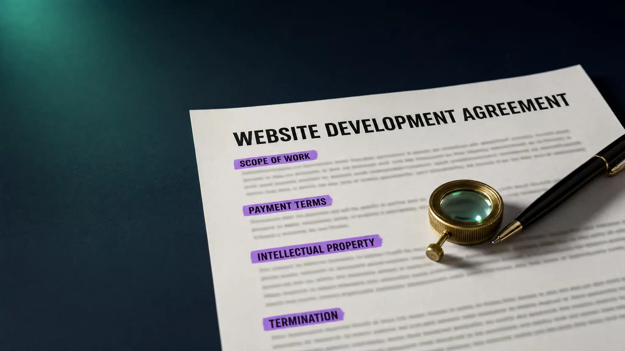 A printed website development agreement with the title and clause headings legible and highlighted in violet, a pen and a brass loupe on deep navy.