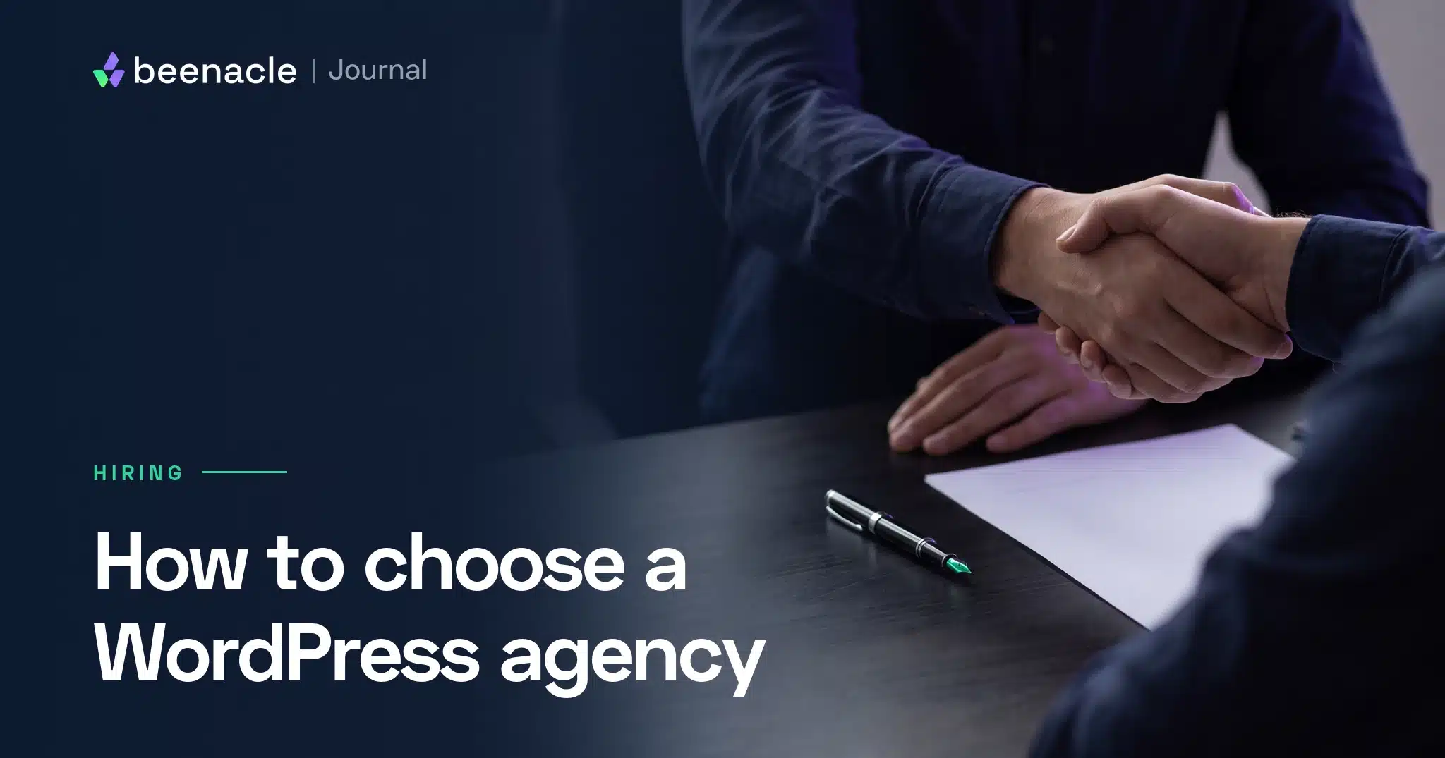 A handshake over an unsigned contract, representing how to choose a WordPress agency.