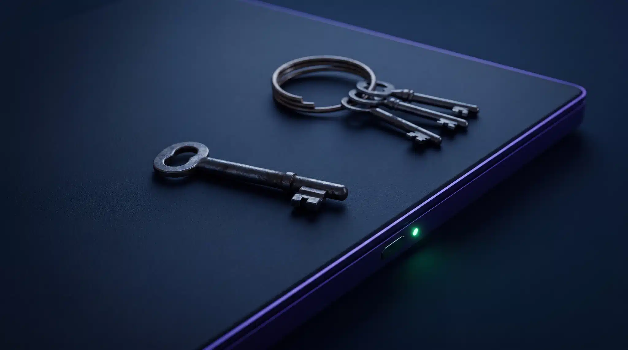 Keys on a dark surface representing least-privilege WordPress user roles and 2FA.