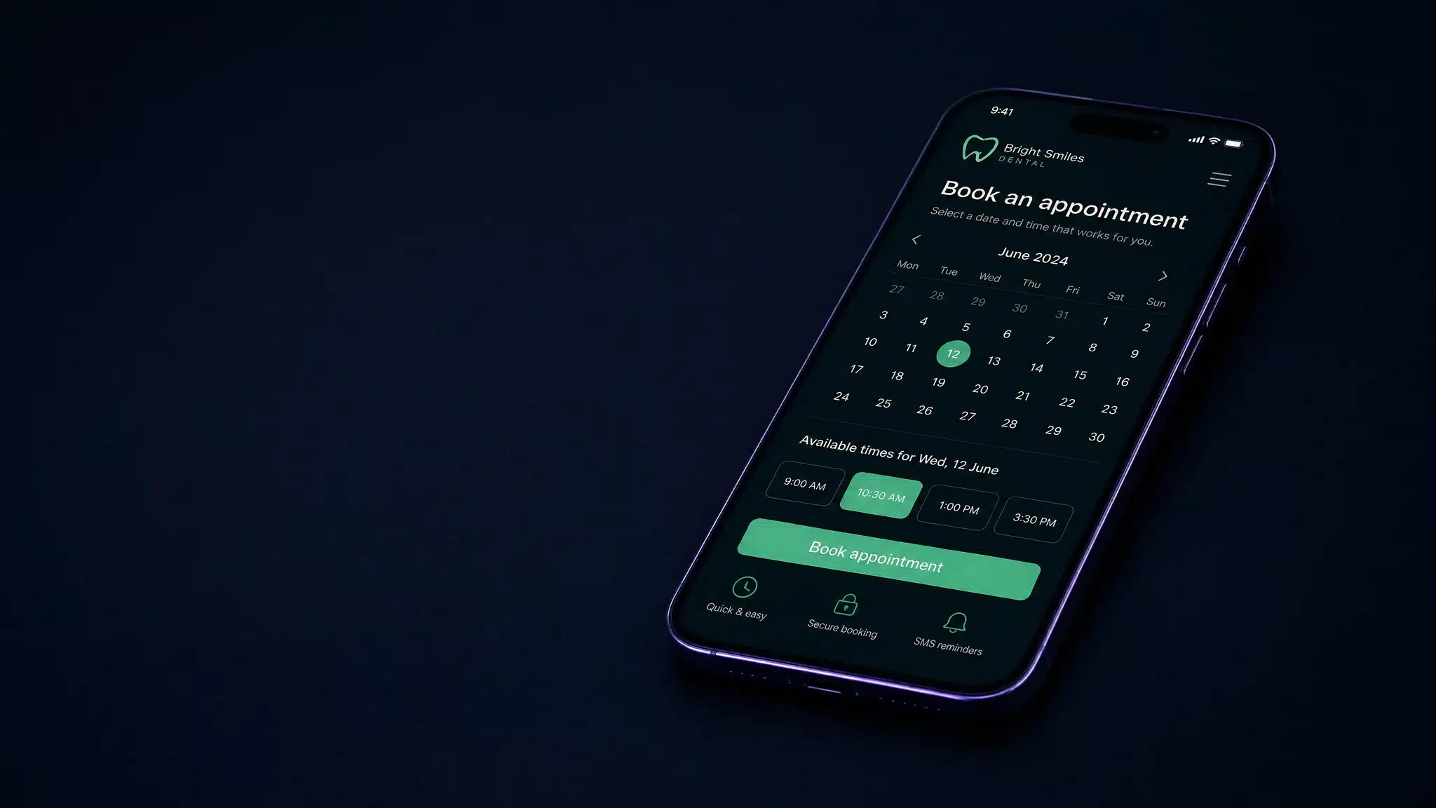 A smartphone showing a dental appointment booking calendar with an available slot in green and a book appointment button.