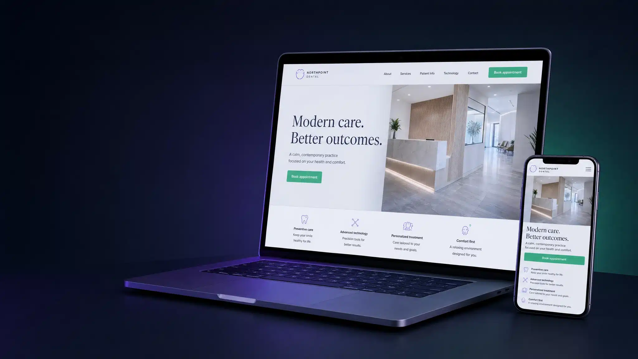 A clean modern dental practice website on a laptop and a phone on a deep navy desk, no people, green book appointment button.