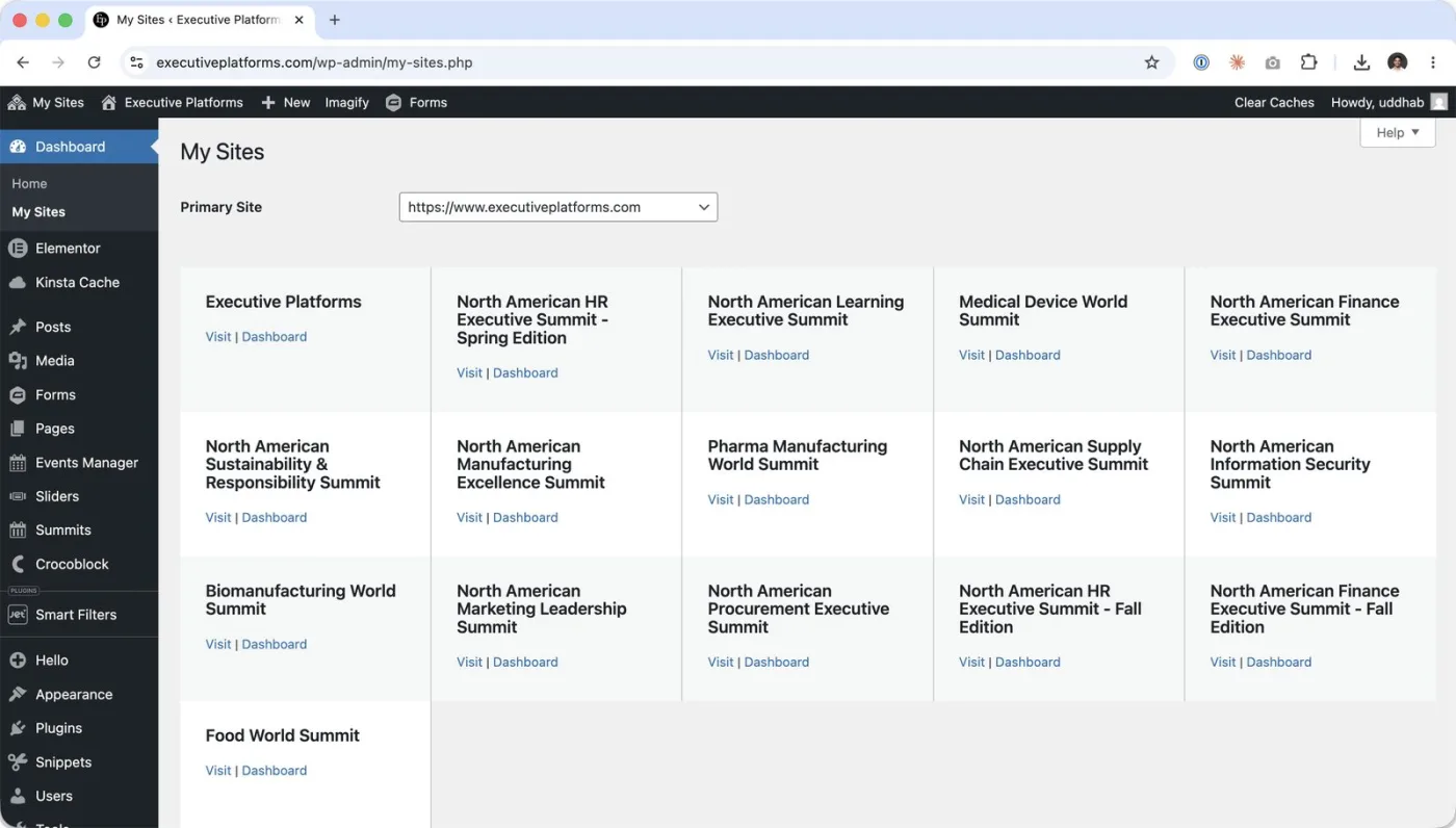 WordPress Multisite My Sites view showing the network of Executive Platforms summit subsites