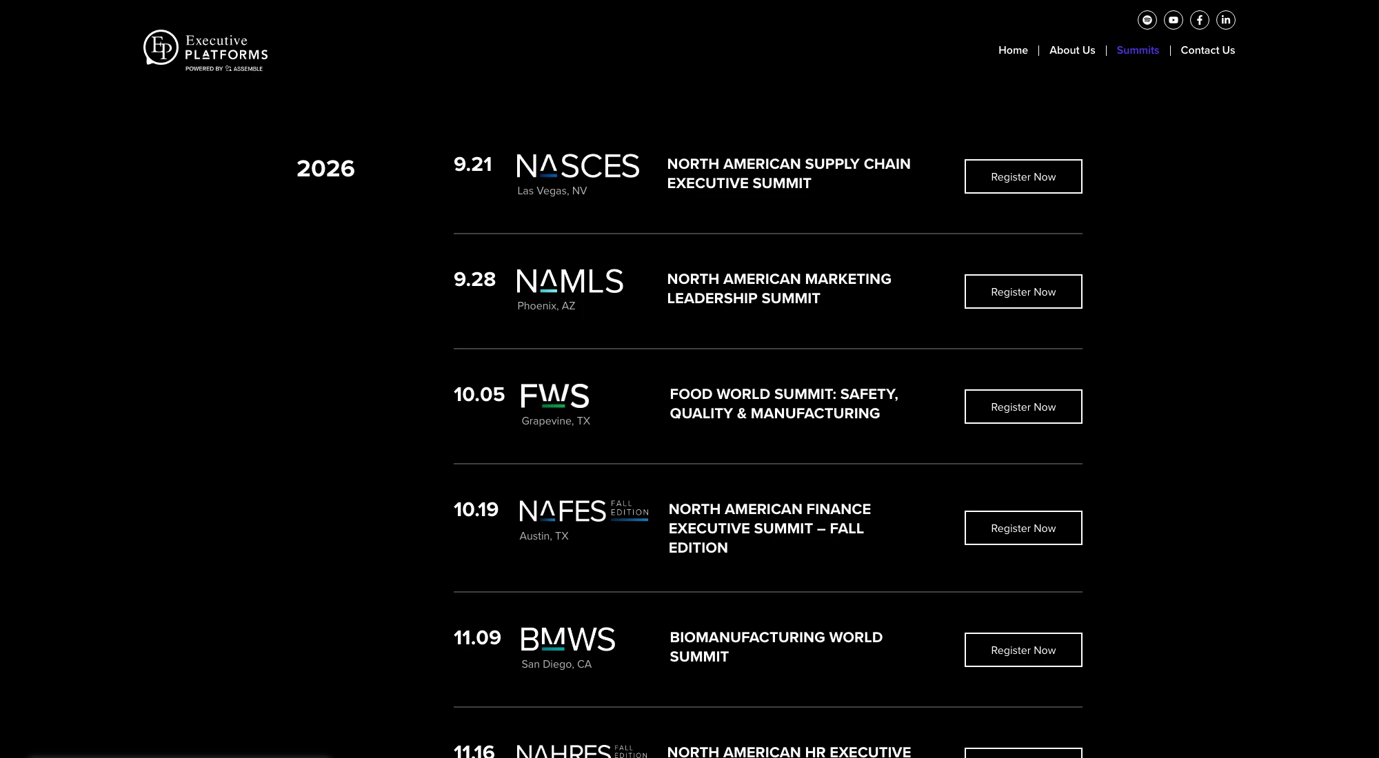 The unified summits calendar on executiveplatforms.com showing all 2026 and 2027 summits