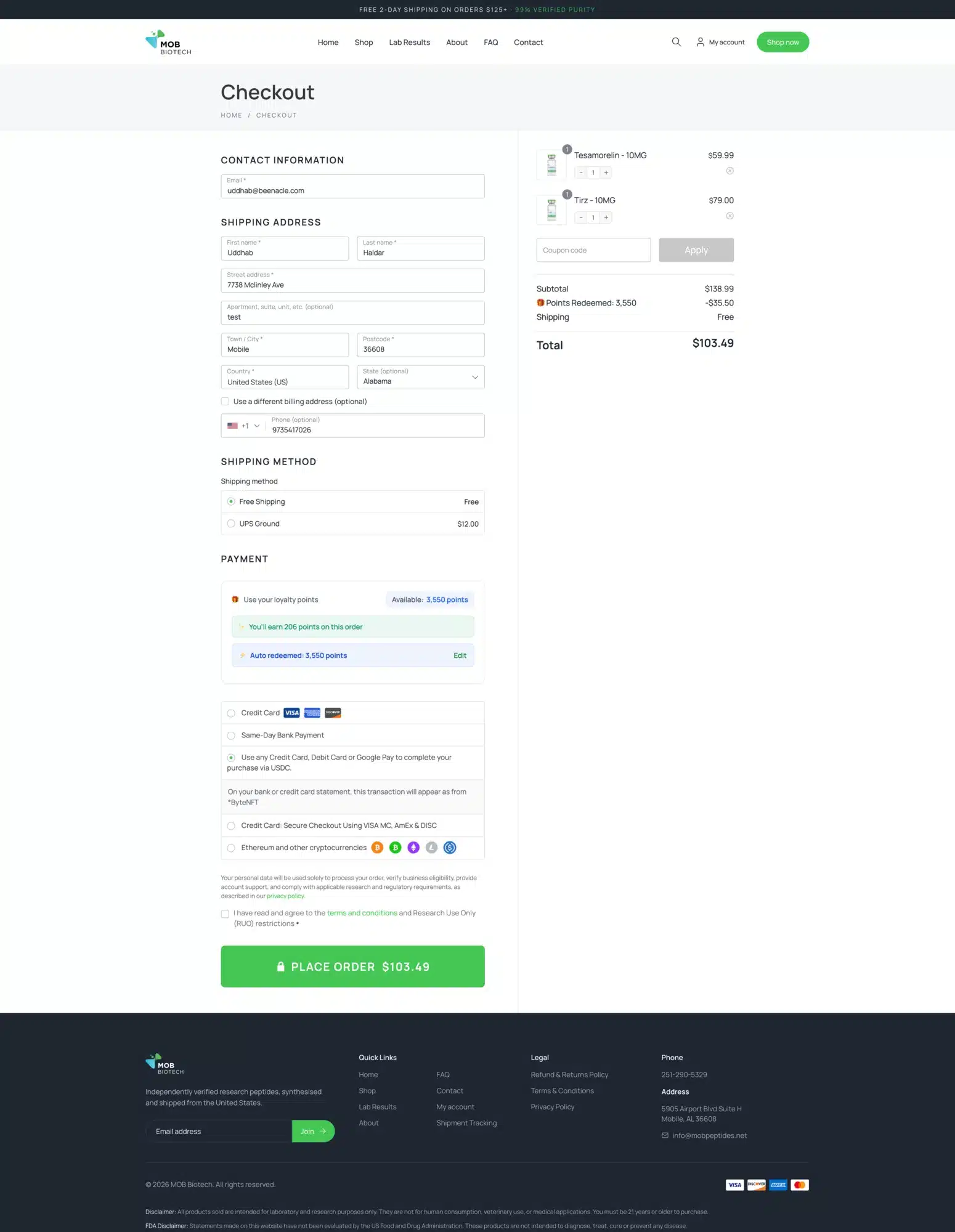 MOB Biotech FunnelKit checkout with loyalty points and crypto and card payment options