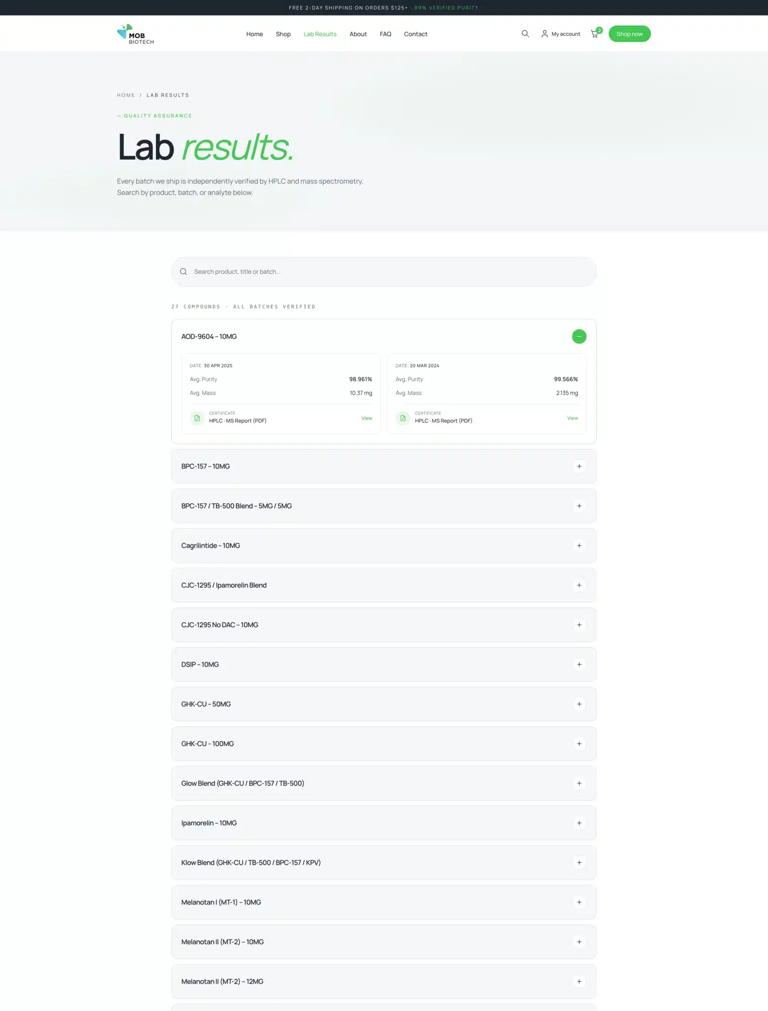 MOB Biotech lab results page listing certificates of analysis for every batch, built with COA Vault