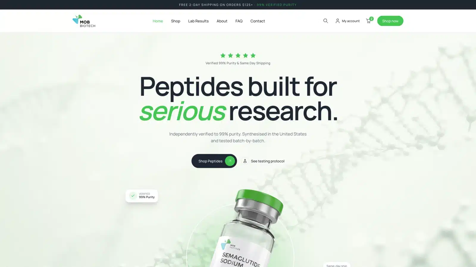 MOB Biotech peptide ecommerce homepage redesigned in Bricks, 2026