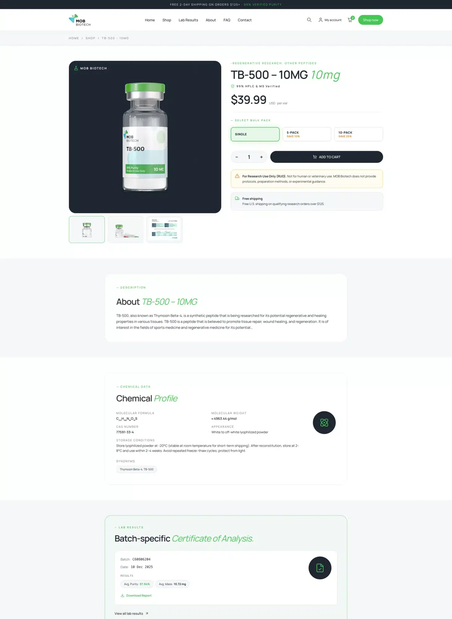 MOB Biotech TB-500 product page with bulk pack pricing, linked variations and a research use only notice