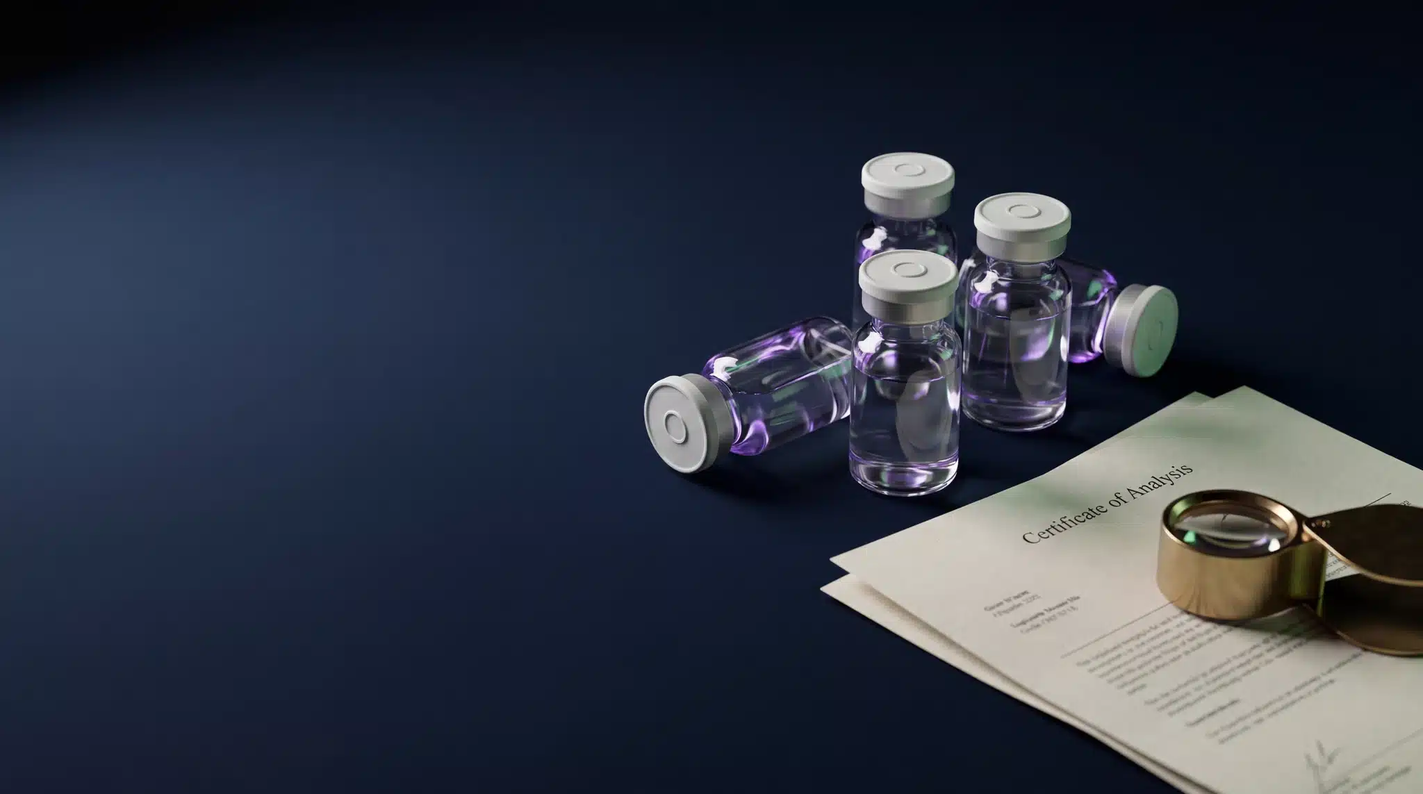 A Certificate of Analysis document under a brass loupe with research peptide vials behind it on deep navy felt.