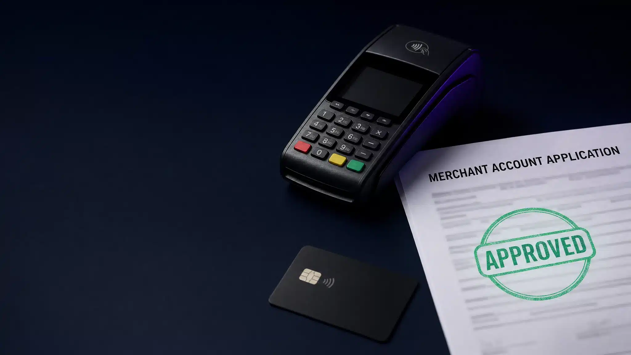 A payment card terminal beside a merchant account application stamped APPROVED in green, with a black card, on deep navy.