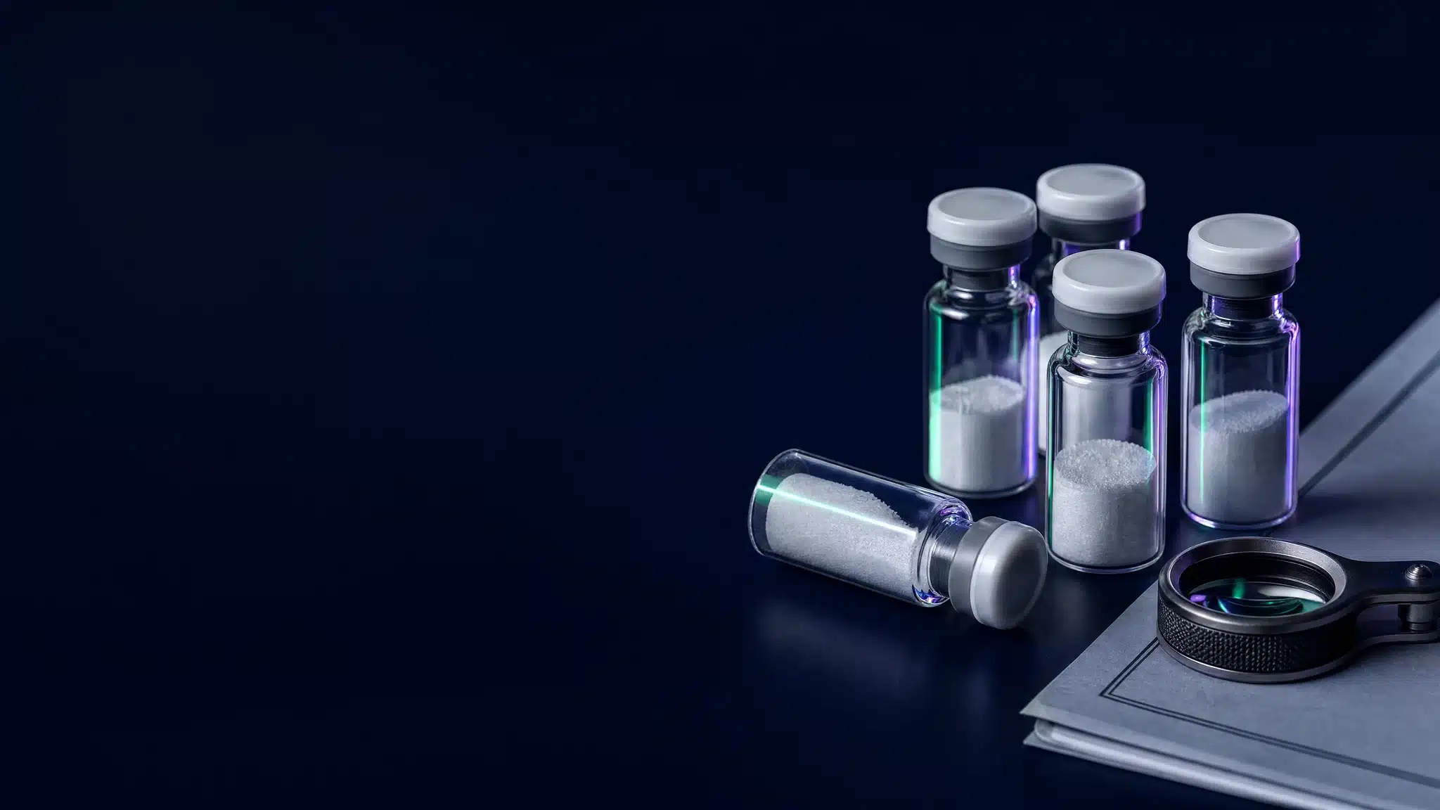 A cluster of research peptide vials with lyophilized powder on a deep navy surface beside a lab document and a loupe, soft violet and green rim light.