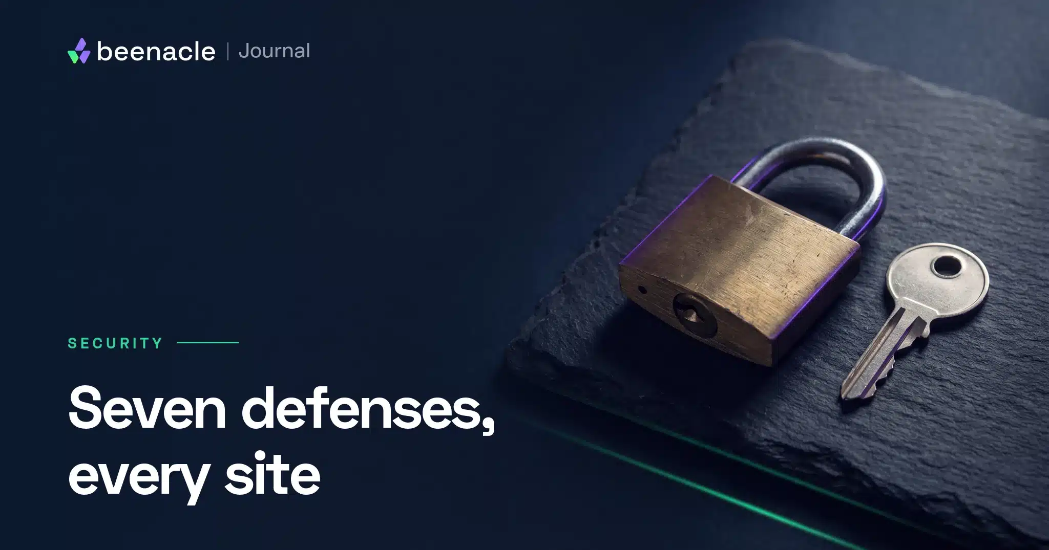 A brass padlock and key on slate representing WordPress security.