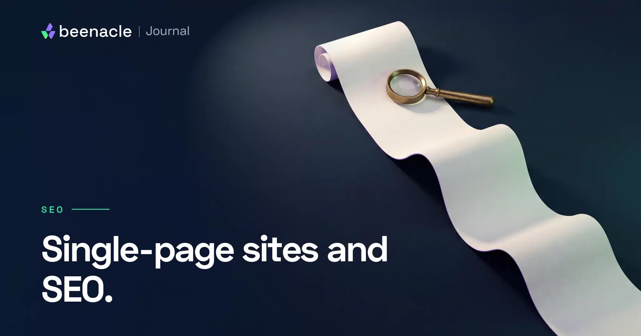 A long paper scroll on deep navy with a brass loupe, representing one long single-page website.