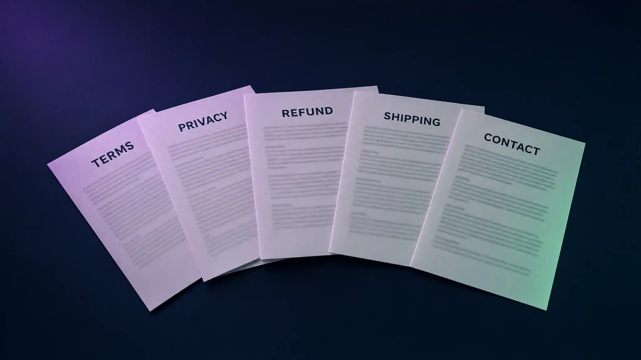 Five separate policy sheets labeled Terms, Privacy, Refund, Shipping and Contact fanned on deep navy, the distinct crawlable legal URLs payment processors require.