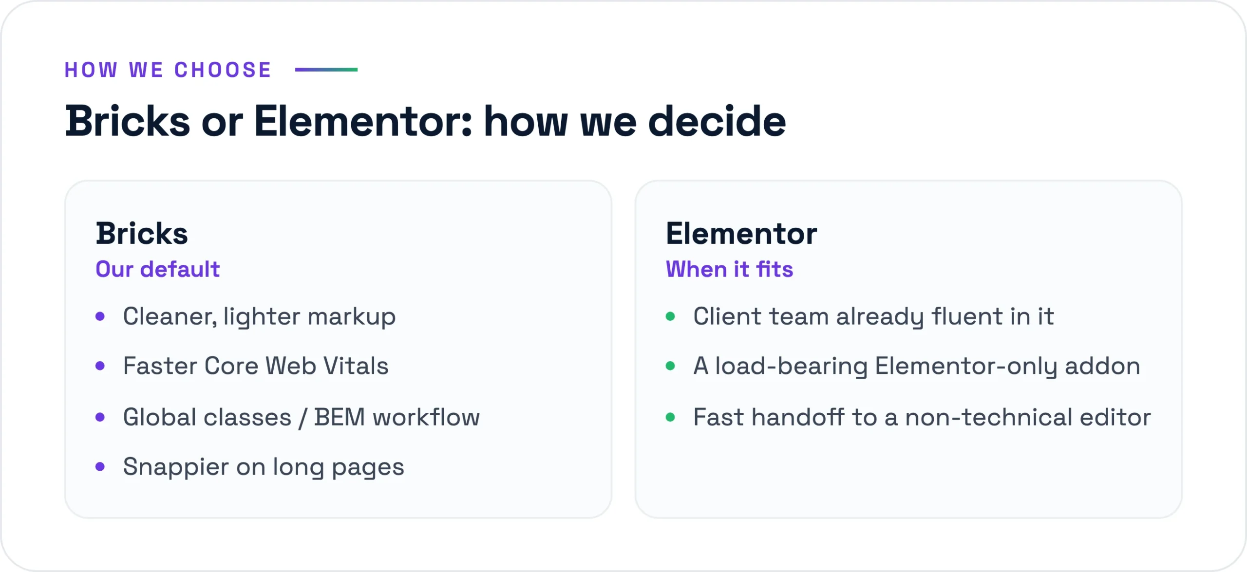 How we choose between Bricks and Elementor: Bricks as our default for cleaner markup and faster Core Web Vitals, Elementor when a client or addon requires it