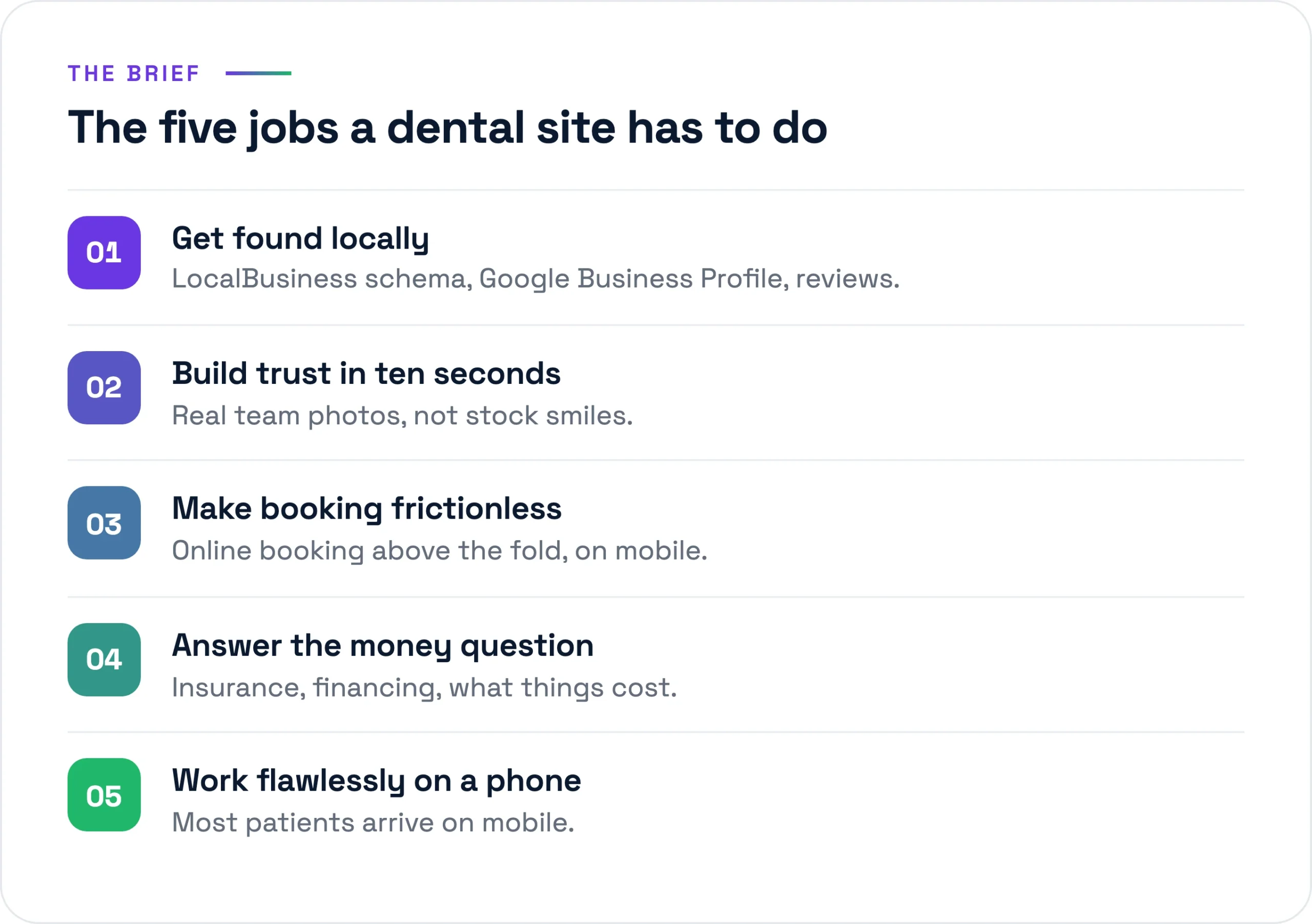The five jobs a dental practice website must do: get found locally, build trust fast, make booking frictionless, answer cost questions, work flawlessly on mobile