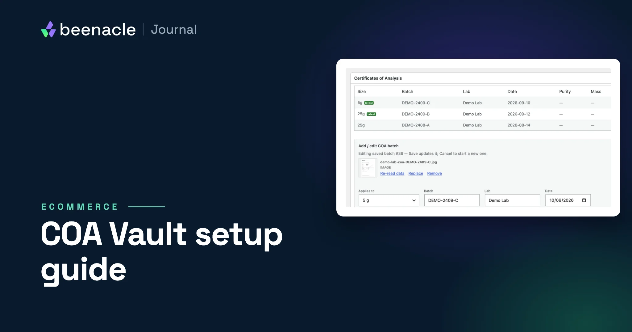 The COA Vault product box in WooCommerce, listing batches by size with their lab and test date, above the form for adding a COA batch.