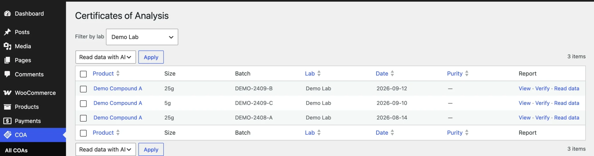 The COA Vault All COAs list filtered to one lab, with the Read data with AI bulk action selected.