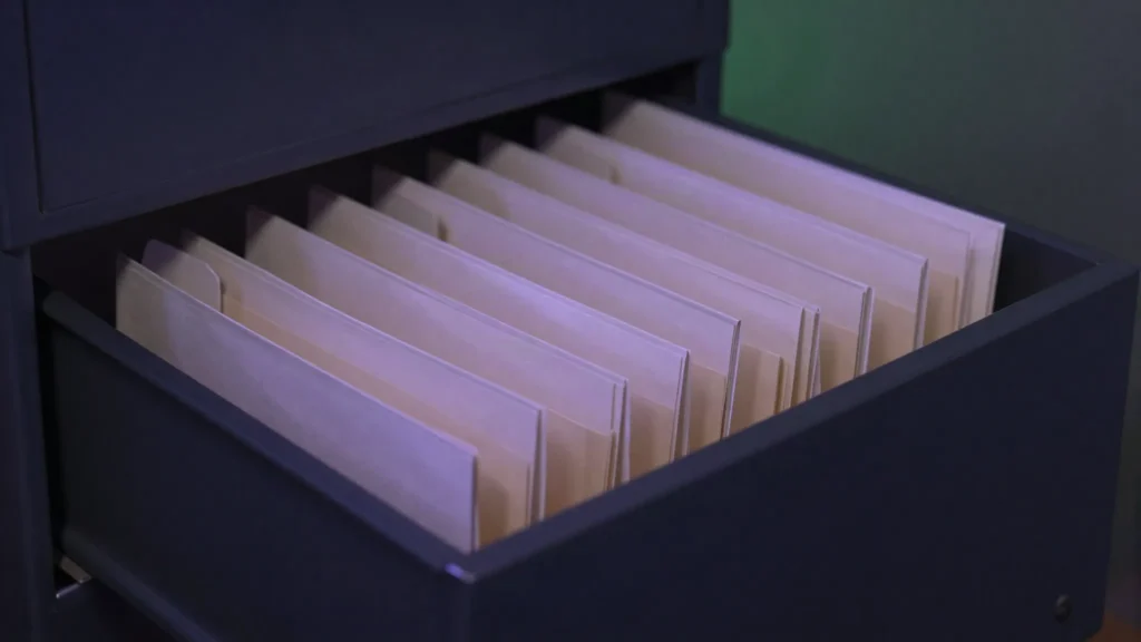 An open archive drawer of tabbed folders lit in violet and green on a dark surface.