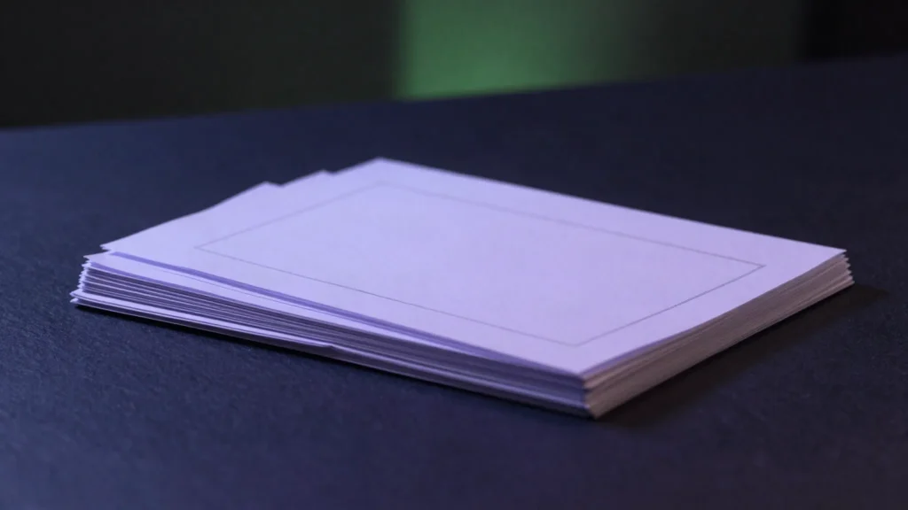 A stack of printed lab certificates on dark slate in violet and green light.