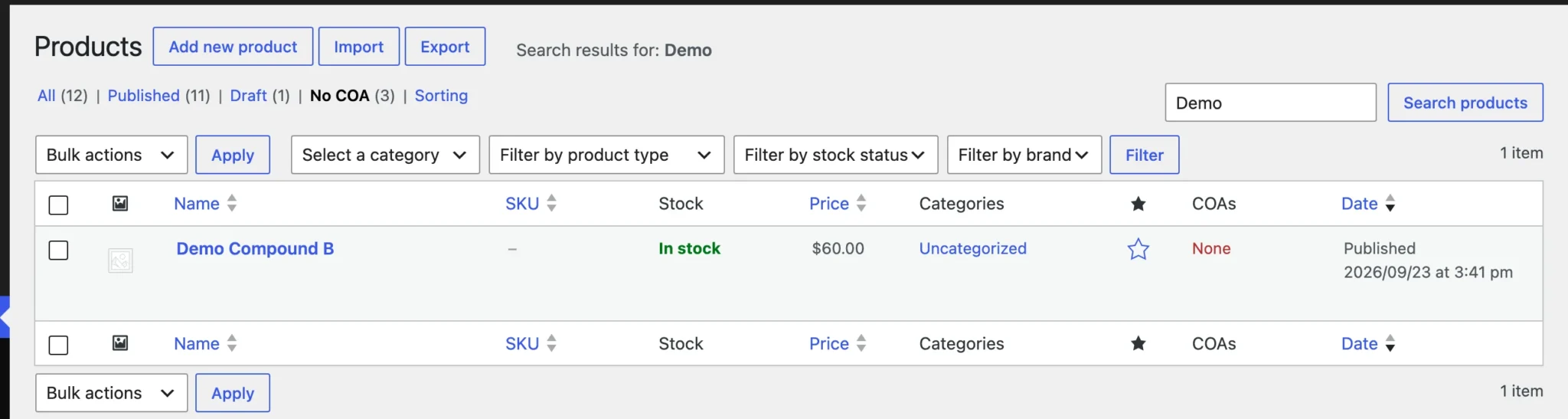 The WooCommerce Products list filtered to the No COA view.
