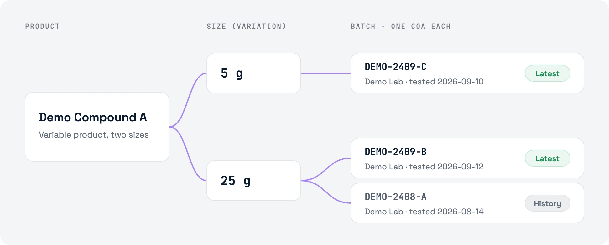 Diagram: a variable product, Demo Compound A, with two sizes. The 5 g size has one batch, tagged Latest. The 25 g size has two batches: the newer one tagged Latest and the older one kept as history. Each batch has one certificate from Demo Lab.