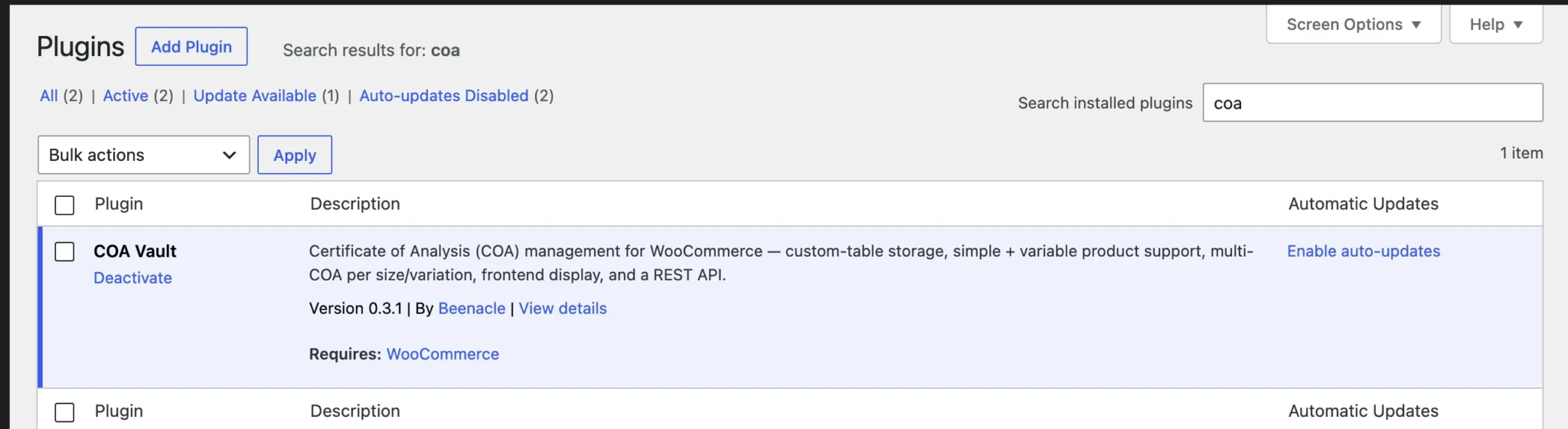 The WordPress Plugins list showing COA Vault 0.3.1 active.