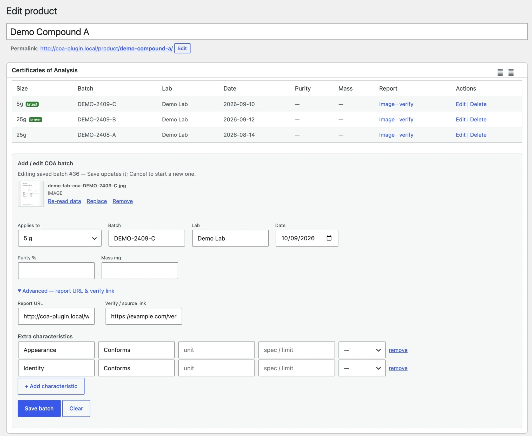 The Certificates of Analysis box on a WooCommerce product, with three saved batches and the batch form open.