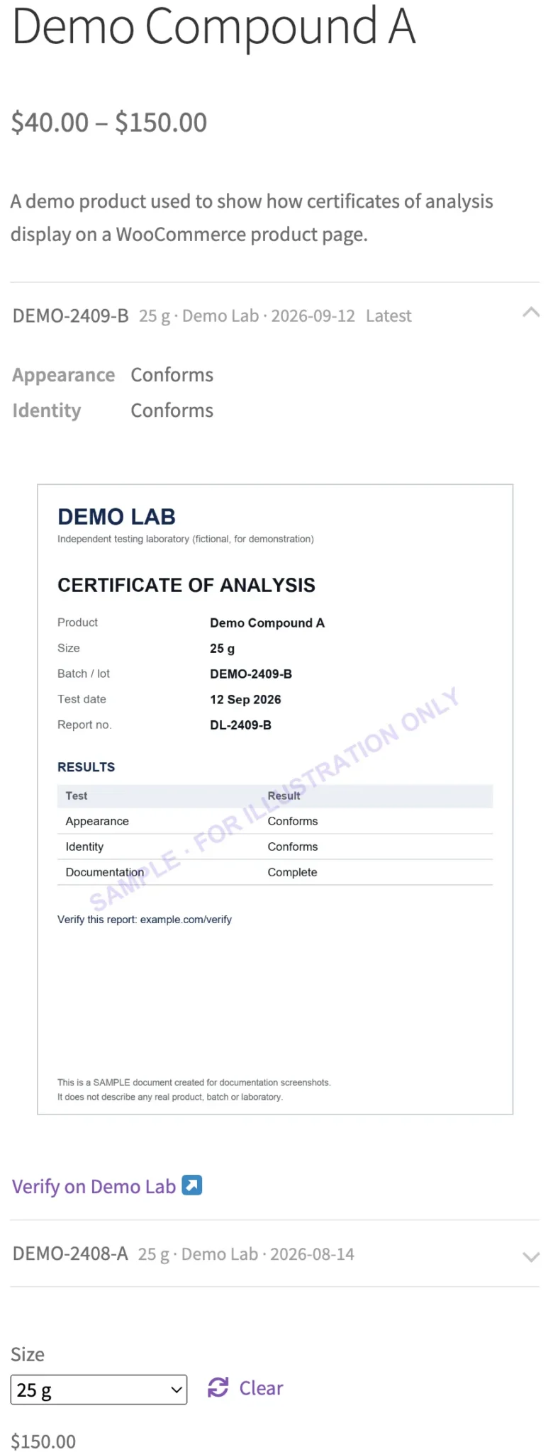 A demo product page with the 25 g size selected, showing the latest 25 g batch, its certificate and a verify link.