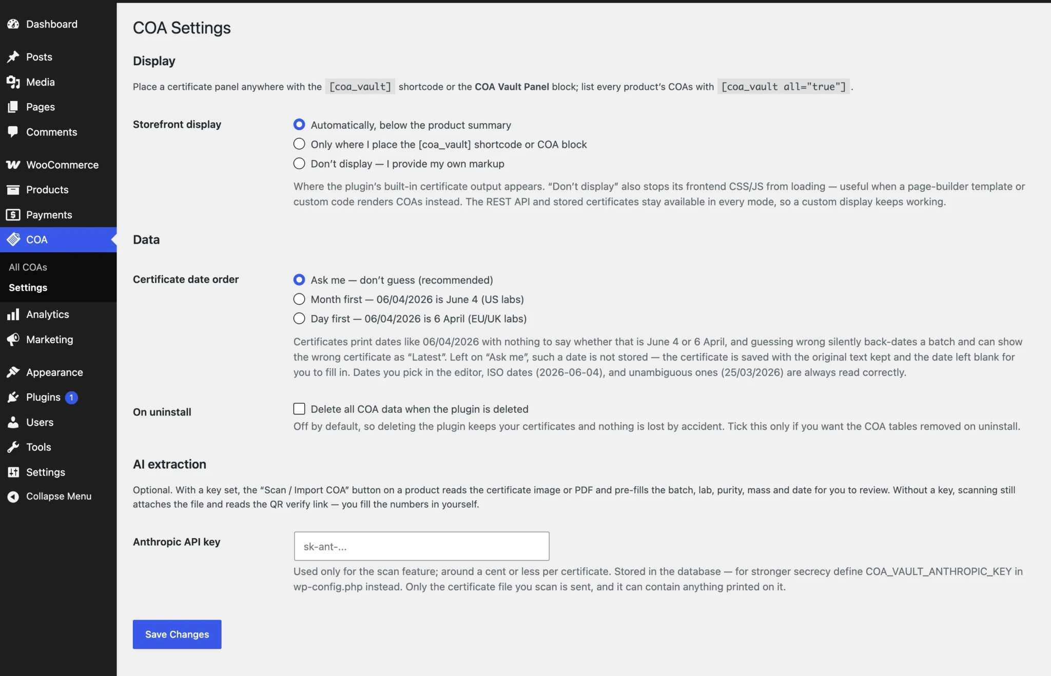 The COA Vault settings page with storefront display, certificate date order, uninstall and AI extraction options.