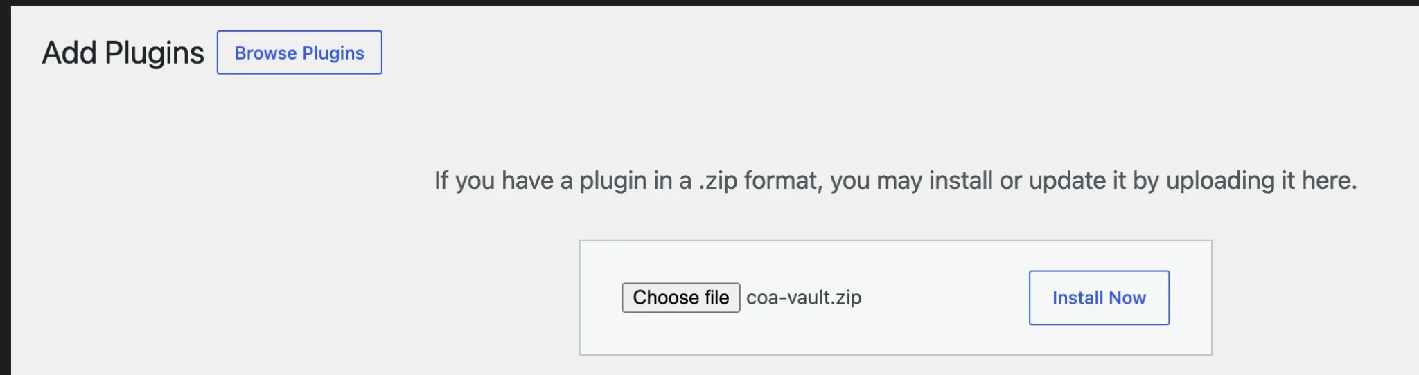 The WordPress Upload Plugin screen with the coa-vault.zip file selected.